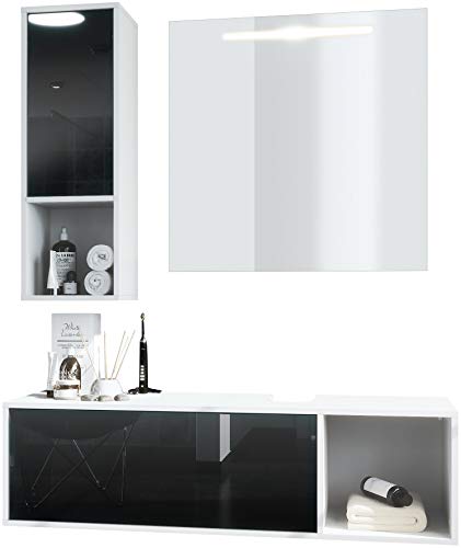 Conjunto de Muebles para baño La Costa, Cuerpo en Blanco Mate/Frentes Negro de Alto Brillo, con Espejo LED