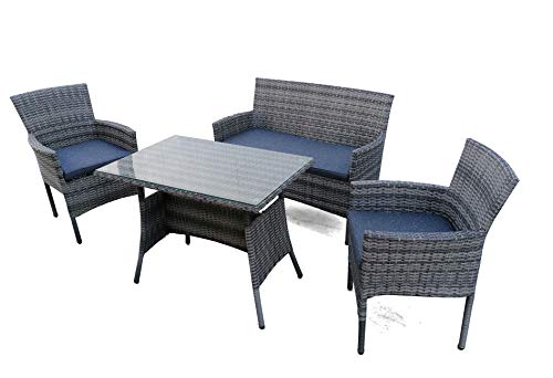 Conjunto Jardin Mesa 2 Sillones y Sofa 2 Plazas, Poliratan Estructura Acero para Exterior Balcon Terraza Restaurante, Color Gris