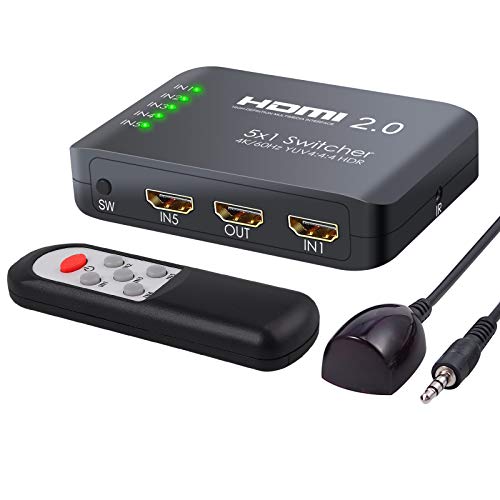 Conmutador HDMI 2.0 4K @ 60Hz HDMI Switch 5 Entradas Soporta 2160p @ 60Hz YUV 4: 4: 4 y HDR HDMI Switcher Automatico con Mando para BLU-Ray PS4 Pro TV Box Proyector Laptop HDTV