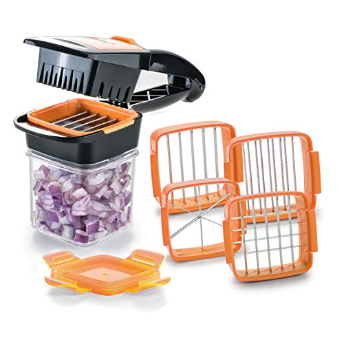 Cortador Genius Nicer Dicer Quick para frutas y verduras 5 en 1 con cuchillas intercambiables de 30 dados o 10 discos con un clic (naranja), acero inoxidable, 8 x 12 x 21 cm