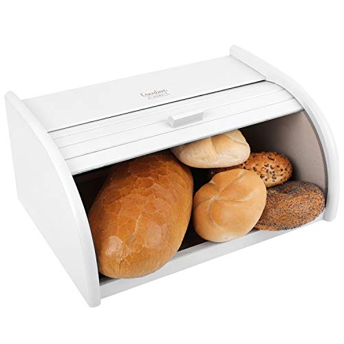 Creative Home Grande Panera Contenedor para Pan de Madera Blanco | 40 x 27,5 x 18,5 cm | Madera de Haya Natural | Recipiente con Tapa Enrollada para Guardar Bollos Alimentos Secos