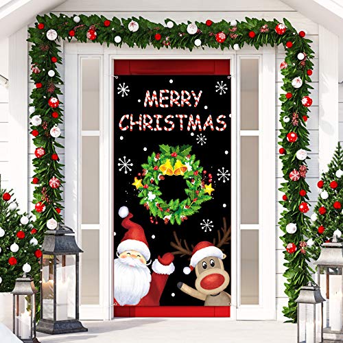 Cubierta de Puerta de Merry Christmas Accesorio de Cabina de Fotos de Tema de Navidad Fondo de Papá Noel Copo de Nieve Reno para Fotografía Decoraciones Colgantes para Puerta de Casa