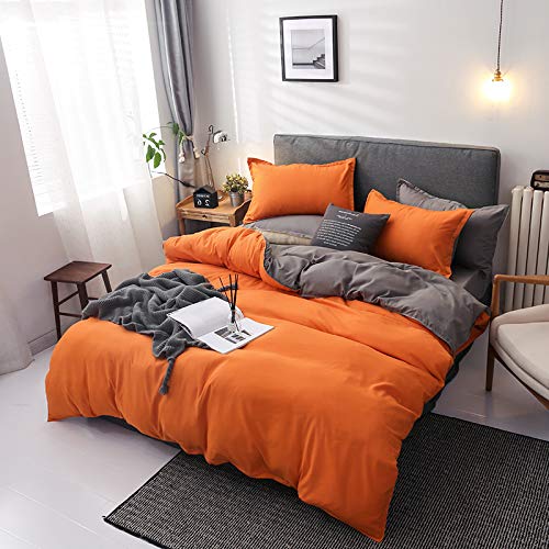 Damier Ropa de cama 135 x 200 naranja y gris, reversible, juego de 2 piezas, suave microfibra, funda nórdica con cremallera y 1 funda de almohada de 80 x 80 cm
