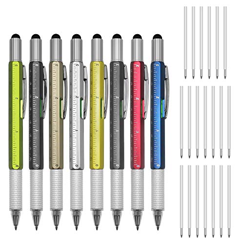 Dcola 8 lápices multifunción 6 en 1 con bolígrafo, lápiz táctil, nivel de burbuja, regla, destornillador de cabeza plana y Phillips y 20 recambios para hombres (1,0 mm)