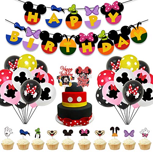 Decoraciones de cumpleaños de Mickey Mouse - WENTS 57PCS Banner de Happy Birthday adorno de pastel Globos de lunares para la fiesta temática de Mickey Mouse