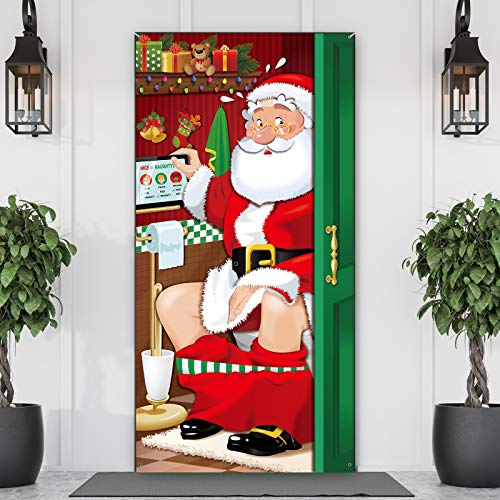 Decoraciones de Fiesta de Navidad, Cubierta Divertida de Puerta de Baño de Papá Noel de Navidad Bandera Fondo de Baño de Tela de Papá Noel para Decoraciones de Puerta, 70,9 x 35,4 Pulgadas