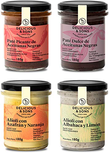 Delicious & Sons Pack Condimentos Mediterráneos - Ecológico - Sin Transgénicos - Sin Gluten - Vegano - Con Aceite de Oliva Virgen Extra - 180g (Pack de 4)