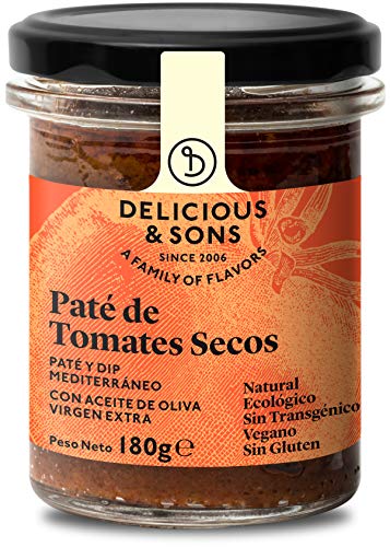 Delicious & Sons Paté de Tomates Secos - Ecológico - Sin Transgénicos - Sin Gluten - Vegano - Con Aceite de Oliva Virgen Extra - 180g