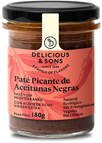 Delicious & Sons Paté Picante de Aceitunas Negras Ecológico, Sin Transgénicos, Sin Gluten y Sin Azúcares Añadidos, Vegano, Apto para dietas Paleo y Keto 180g