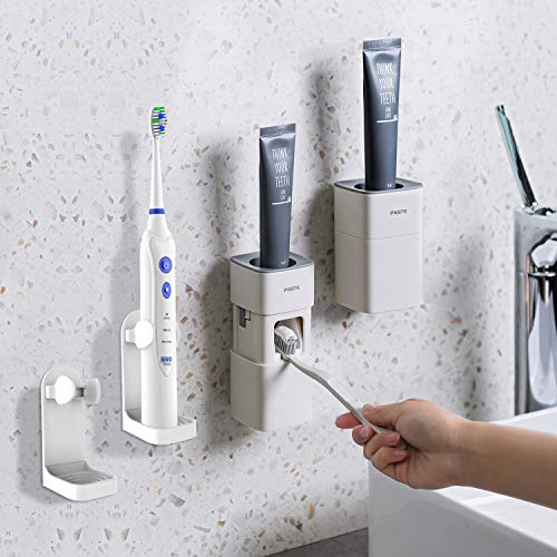 Dispensador de pasta de dientes automático montado en la pared viene con 2 soportes de cepillo de dientes eléctricos, para baño Exprimidor automático de pasta de dientes a prueba de polvo (blanco)