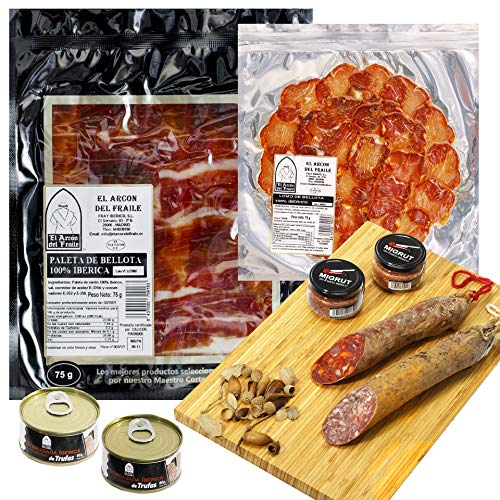 EL ARCON | Estuche de Paleta y Lomo de Bellota Ibérico de 75g Precinto Negro | Media de Chorizo y Salchichón Extra Ibérico de Bellota de 500g | Sierra de Aracena y Picos de Aroche, Área Jabugo Huelva EL ARCON | Estuche de Paleta y Lomo de Bellota Ibérico de 75g Precinto Negro | Media de Chorizo y Salchichón Extra Ibérico de Bellota de 500g | Sierra de Aracena y Picos de Aroche, Área Jabugo Huelva