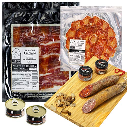 EL ARCON | Estuche de Paleta y Lomo de Bellota Ibérico de 75g Precinto Negro | Media de Chorizo y Salchichón Extra Ibérico de Bellota de 500g | Sierra de Aracena y Picos de Aroche, Área Jabugo Huelva