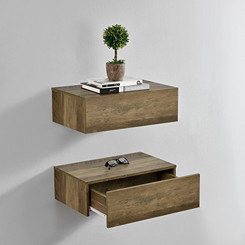 [en.casa] Set de 2 Mesitas de Noche de Pared con cajón - Apariencia de Madera - 46x30x15cm