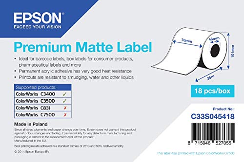 Epson Rollo continuo de Premium Matte Label, 76 mm x 35 m - Large format media (76 mm x 35 m, Mate, 35m, 163 g/m²)