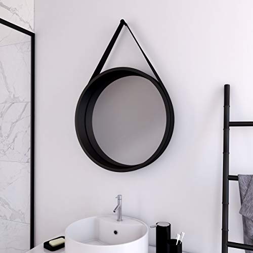 Espejo de baño Negro de 50 cm de diámetro con Banda de Poliuretano en imitación de Piel Negra.