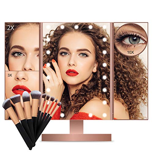 Espejo de Maquillaje, Espejo Maquillaje con Luz Sets de Brochas Maquillaje 1X/2X/3X/10X Aumento 21 LED en Iluminacíon Espejo de Mesa Tríptico Rotación de 180° Cosmético Pantalla Táctil Espejo