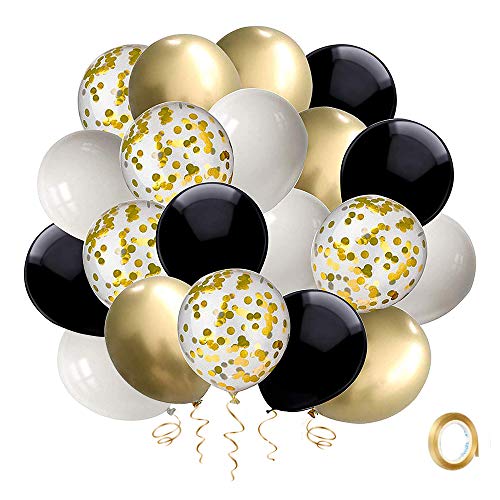 Globos Confeti Negros y Dorados, Paquete de 50 Gobos de Fiesta de Látex Blanco de 12 pulgadas con Cinta Dorada para Decoraciones de Cumpleaños de Baby Shower