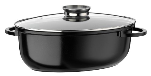 GSW 410571 Gourmet Ceramica Inducción Fuente Ovalada XL, con Tapa de Cristal Modelo Aroma 8,5 L, Aluminio Fundido, Color Negro Moteado, 38 cm, 4 Unidades