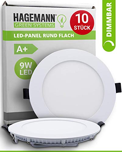 HAGEMANN® 10 x Panel LED redondo regulable 9 W 810 lm – Diámetro del agujero de perforación de 135 mm – 230 V – Focos LED planos