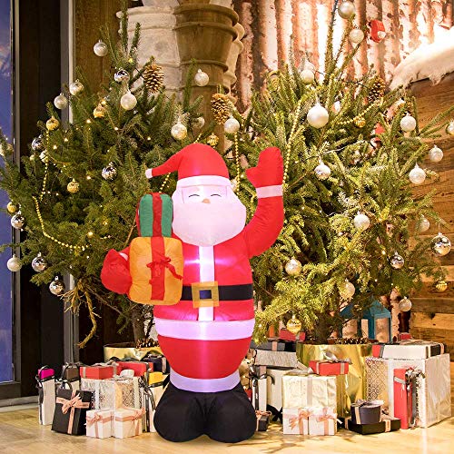 HITECHLIFE Papá Noel inflable de Navidad con luz LED blanca, Papá Noel de Navidad soplado por aire de 1,5 m con bolsa de regalo, Decoraciones iluminadas de interior para exteriores para jardín