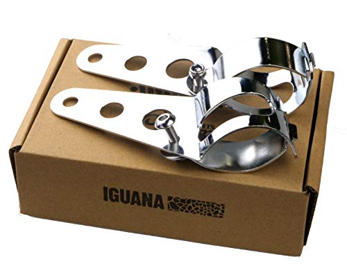 IGUANA CUSTOM PARTS - Pack de soportes cromados universales tipo abrazaderas para anclar faros de moto, intermitentes o cúpulas en horquillas de 35mm a 43mm,