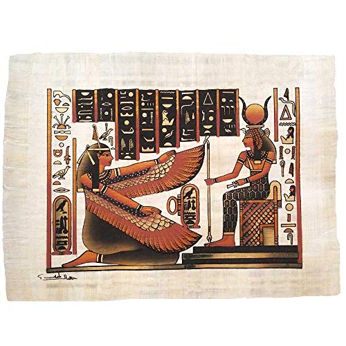 Isis diosa del amor con Maet la diosa de la belleza y justicia, papiro original hecho a mano y pintado a mano en Egipto, mide 33 x43 cm aprox.