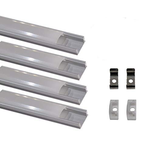 Kit 4x Perfil de Aluminio para Tira Led. Tapa Translucida. Incluye Tapones de extremos y Pestañas de Fijacion, 0 W, 1 metro, 4