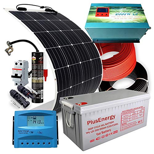 Kit Solar PlusEnergy 12V + Panel Solar Flexible 300W + Inversor Cargador 2.000W 35Ah + Batería Solar AGM(Especial Autocaravanas,Caravanas y Barcos)