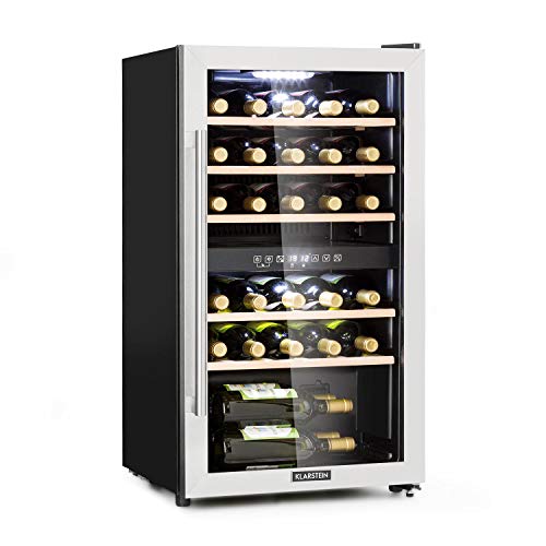 Klarstein Vinamour - Nevera para vinos, Temperatura 5-22 °C, Pantalla LCD, Panel de control táctil, Acero inoxidable, 2 zonas de refrigeración, Capacidad de 80 Litros, Para 29 botellas, Negro