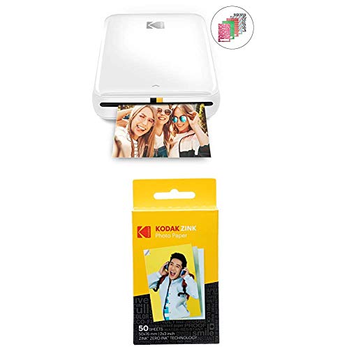 KODAK Step Impresora Móvil con tecnología Zink, Imprime Fotos Adhesivas de 2x3 Pulgadas Desde Cualquier Dispositivo, NFC, Bluetooth, Blanco + Papel fotográfico Zink Premium de 2x3 Pulgadas, 50 Hojas