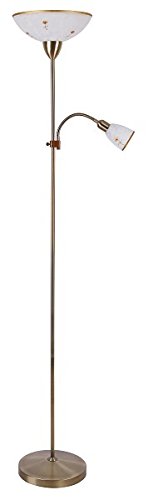 Lámpara de pie clásica en color bronce y blanco, 2 bombillas E27, E14 hasta 60 W, 230 V, lámpara de lectura de metal y cristal de alabastro, para salón, dormitorio, lámpara de pie