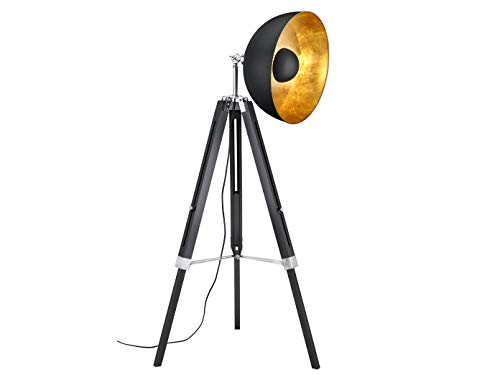 Lámpara de pie LED retro con reflector orientable de metal en negro/dorado, trípode de altura regulable de madera negra, con filamento E27
