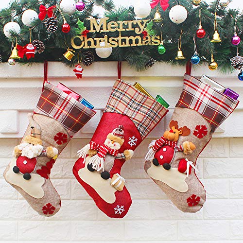 Leipple Calcetín de Navidad 3 Piezas -48 cm grandes medias navideñas para chimenea, árbol de Navidad -bolsa de regalo para calcetines, bolsa para dulces con Papá Noel, muñeco de nieve, reno