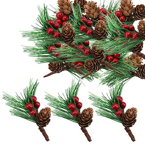 Lifreer. Bayas de Navidad, ramas de pino artificial, pequeñas bayas artificiales, piñas y bayas para arreglos florales navideños, coronas y decoraciones navideñas y festivas, 30 unidades
