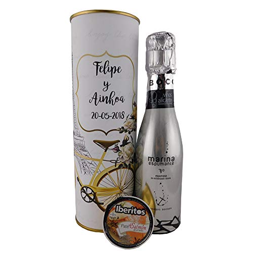 Lote de 6 Unidades Lata PERSONALIZADA con abre fácil con vino espumoso y paté de salmón ahumado Lote de 6 Unidades Lata PERSONALIZADA con abre fácil con vino espumoso y paté de salmón ahumado