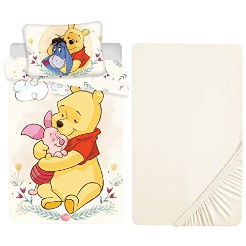 L.T.Preferita Disney Winnie The Pooh Beige - Juego de ropa de cama para bebé, cuna de bebé, funda nórdica + funda de almohada + sábana bajera ajustable