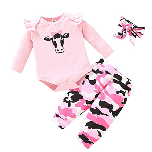 Mameluco con estampado de vaca con volantes, para recién nacido, Navidad, Año Nuevo, para bebé, con diadema, pantalones de camuflaje, juego de 3 piezas, 0-18 m