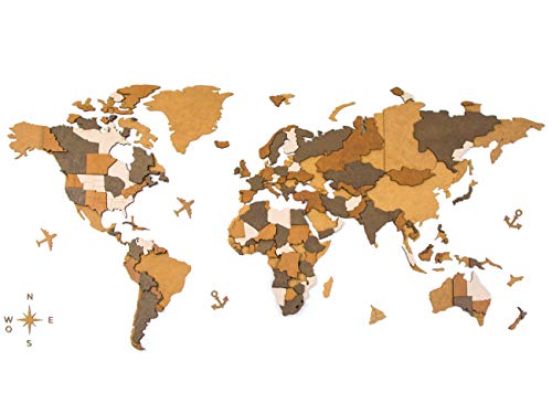 Mapa Mundi Pared Grande 2021 Mapamundi de Madera Pared Cuadro Mapa del Mundo de Pared Mapamundi Mural Decoracion Pared del hogar Adornos Salon Modernos habitacion (3D Marrón, L: 130x65 cm)