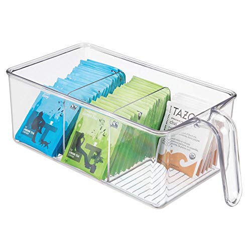 mDesign Caja de almacenamiento de plástico con 3 compartimentos – Ideal para armarios de cocina o como organizador de frigorífico – Caja organizadora abierta con asa incorporada – transparente