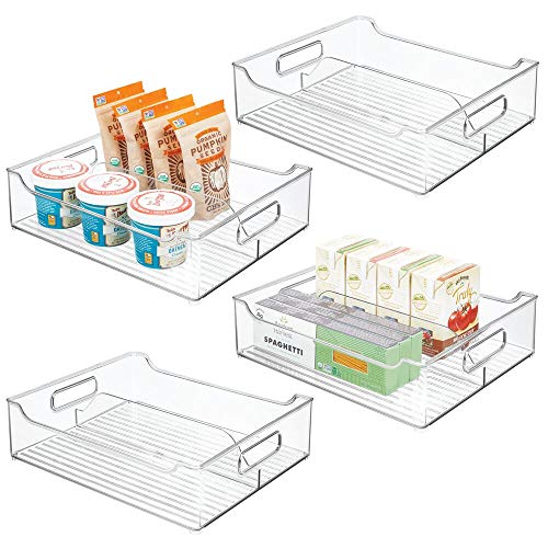 mDesign Juego de 4 cajas organizadoras con asas – Contenedor de plástico con 2 divisiones para almacenar alimentos – Cajón de cocina de plástico para el armario de la cocina o la nevera – transparente