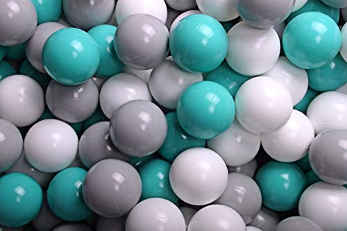 MEOWBABY 200 ∅ 7Cm Bolas Certificadas para Niños Bolas de Baño de Colores Bolas de Plástico para Niños Piscina Fabricadas en EU Turquesa/Blanco/Gris