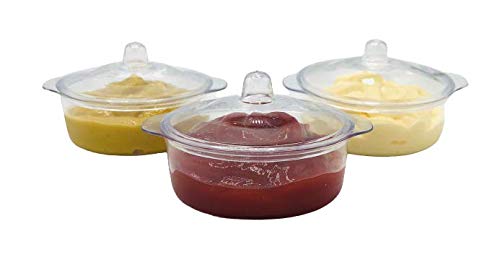 Mini Tarrinas Redondas transparente con asas y tapa de Plástico - Cacerola para Salsas Postres, Entrantes, Frutos Secos y Presentación - 12 uds