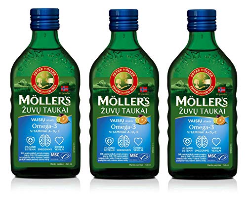 Moller Omega 3 Aceite de Hígado Suplemento dietético nórdico con EPA, DHA, Vitamina A, D, E Premio Superior del Gusto Alta pureza Sabor a fruta de marca de 165 años 250 ml x 3 botellas