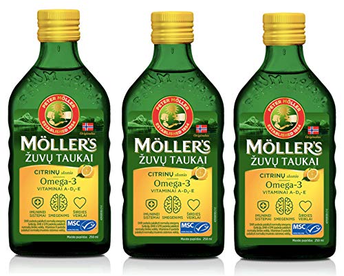 Moller Omega 3 Aceite de Hígado Suplemento dietético nórdico con EPA, DHA, Vitamina A, D, E Premio Superior del Gusto Alta pureza Sabor a Lemon de marca de 165 años 250 ml x 3 botellas