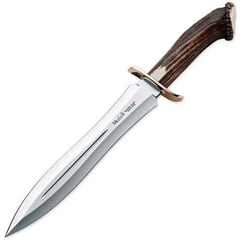 Muela Cuchillo BW-24S hoja de acero MoVa de 24 cm y empuñadura de roseta de ciervo para Caza, Pesca, Supervivencia y Bushcraft Realizado en Ciudad Real + Portabotellas de regalo