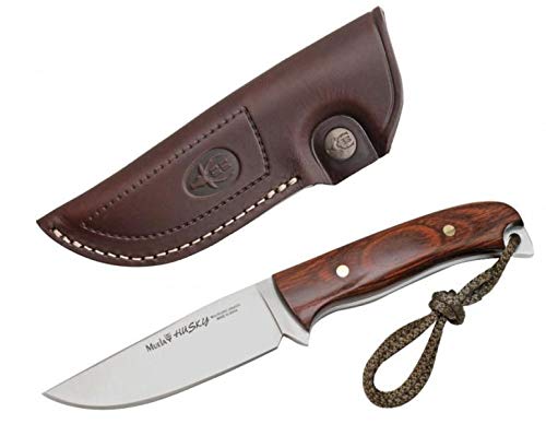 Muela Cuchillo Husky HUSKY-10R Hoja de Acero MoVa de 10 cm y empuñadura de Madera Rosewood para Caza, Pesca, Supervivencia y Bushcraft Realizado en Ciudad Real + Portabotellas de Regalo