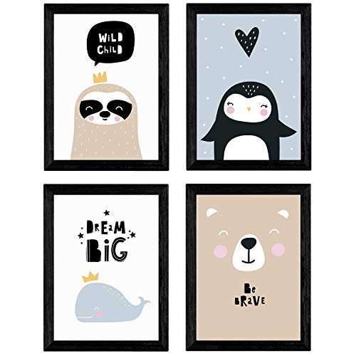 Nacnic Set de 4 láminas "Ballena, pingüino, foca y oso polar". Posters de animales. Tamaño A3 sin marco