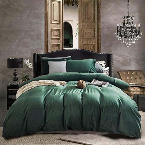 Nitwy Ropa de cama verde oscuro, 200 x 200 cm, franela cálida de invierno, funda nórdica doble con cremallera y 2 fundas de almohada de 80 x 80 cm