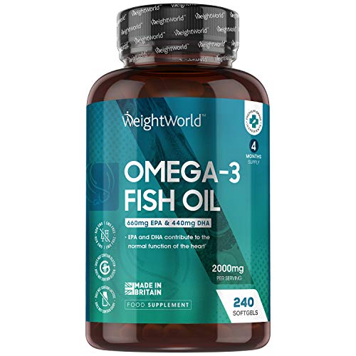 Omega 3 Cápsulas de Alta Dosis 2000mg, Aceite de Pescado Puro 240 Cápsulas - 660 mg de EPA + 440 mg DHA, Suministro de 4 Meses de Perlas Omega 3, Ácidos Grasos Omega 3 EPA y DHA de Alta Absorción Omega 3 Cápsulas de Alta Dosis 2000mg, Aceite de Pescado Puro 240 Cápsulas - 660 mg de EPA + 440 mg DHA, Suministro de 4 Meses de Perlas Omega 3, Ácidos Grasos Omega 3 EPA y DHA de Alta Absorción