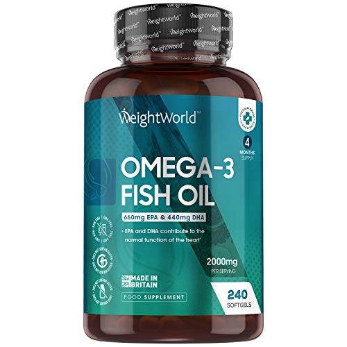 Omega 3 Cápsulas de Alta Dosis 2000mg, Aceite de Pescado Puro 240 Cápsulas - 660 mg de EPA + 440 mg DHA, Suministro de 4 Meses de Perlas Omega 3, Ácidos Grasos Omega 3 EPA y DHA de Alta Absorción